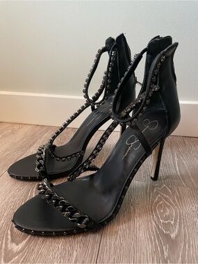 Jessica Simpson Studded Chain Rhinestone Strappy Heels Edgy Alt Gothic Goth Glam